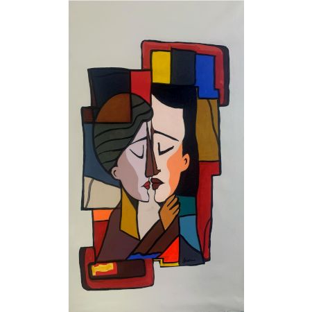 Fragmented Embrace Canvas Painting by Artist Ashok Jadav 90 x 60 cm